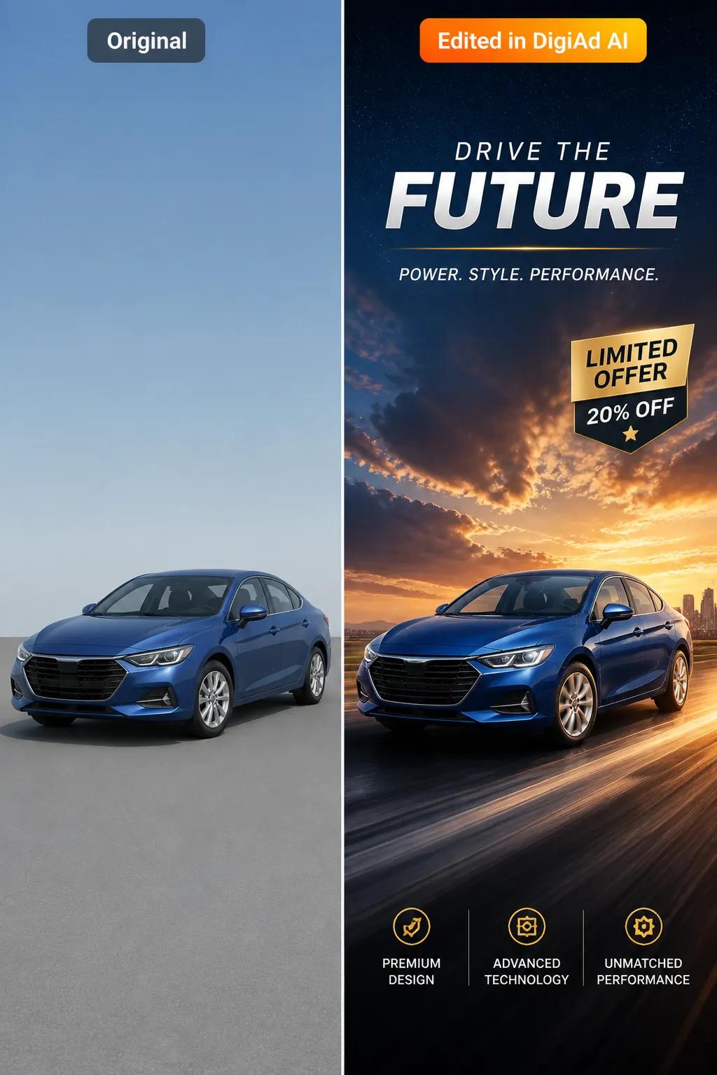 Automotive car performance display advertisement with bold typography and split design