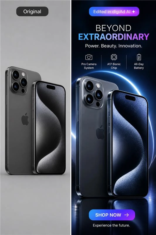 Smartphone promotional banner with bold gradient headline treatment