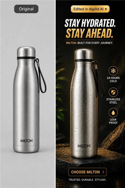 Stainless steel water bottle campaign visual with hydration-focused messaging