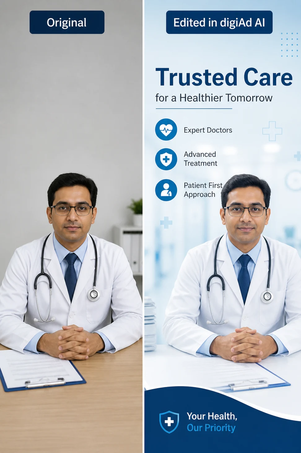 Healthcare clinic trusted care banner with medical theme and professional layout