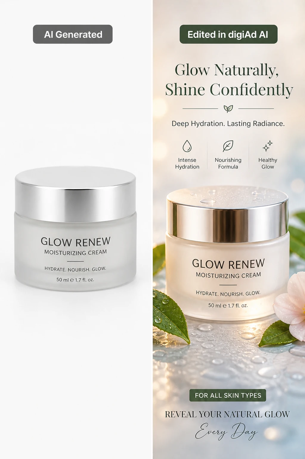 Skincare beauty before-and-after comparison ad, original versus edited layout