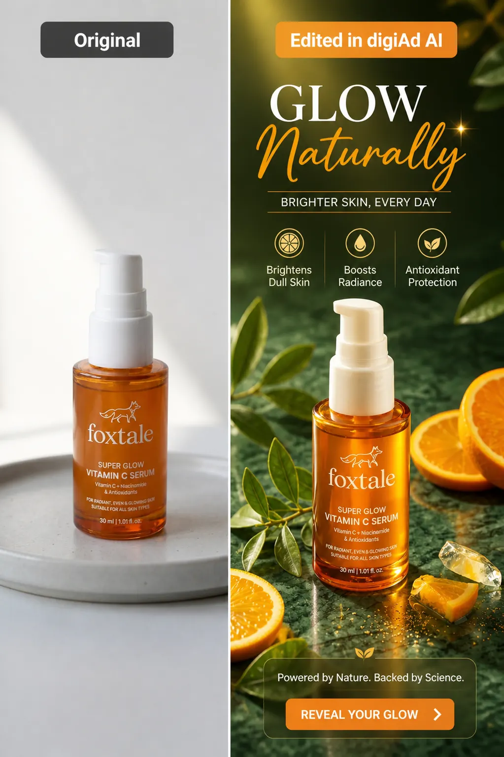 Lifestyle product social ad with tropical leaves and style headline, AI-edited creative