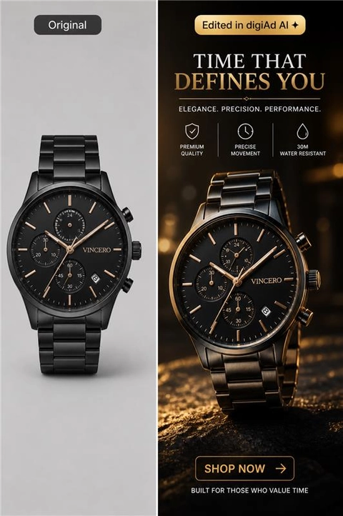 Luxury watch product ad creative with premium black-gold branding